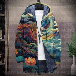 Tsunami Lion — Crazy Comfy Unisex Hooded Full-Zip Fleece Cardigan Coat | Inspiring Apocalypse