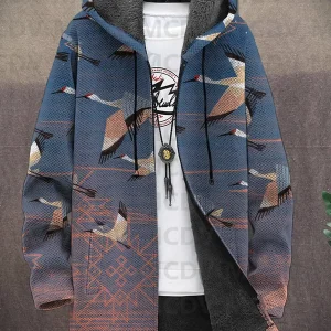 Crane at Sunrise — Crazy Comfy Unisex Hooded Full-Zip Fleece Cardigan Coat | Inspiring Apocalypse